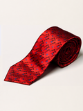 A red silk necktie with a repeating rose pattern