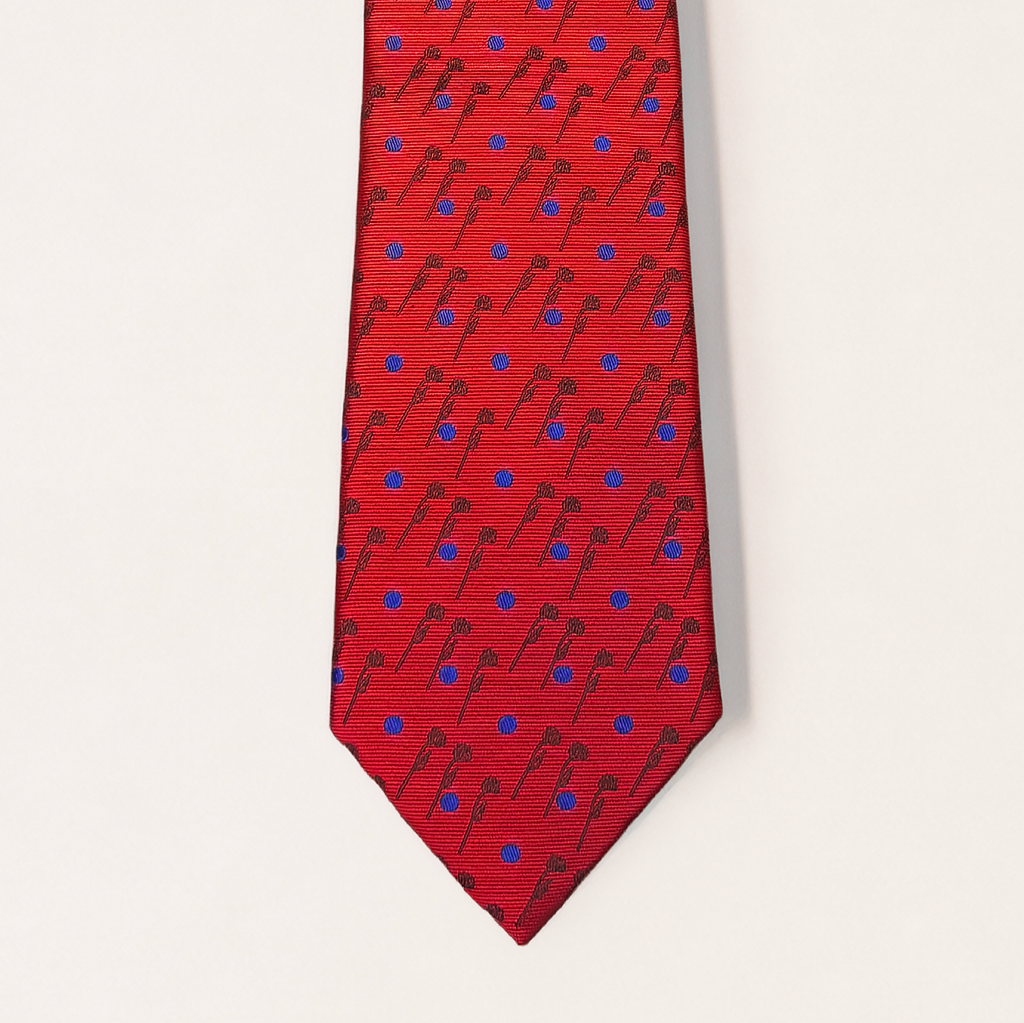 A red silk necktie with a repeating rose pattern